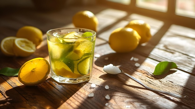 木製のテーブル上のグラスにレモンとミントのレモネード