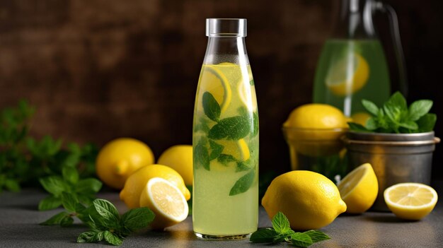 lemonade with lemons and mint leaves on a table