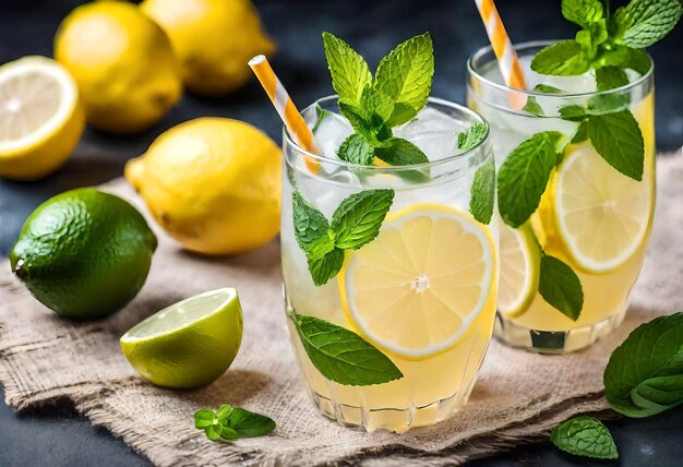 lemonade with limes and limes on a table