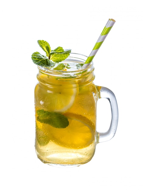 Lemonade with mint in mason jar isolated