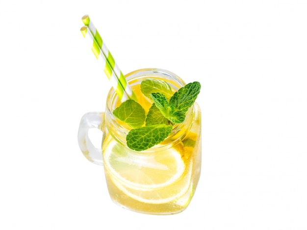 Lemonade with mint in mason jar isolated