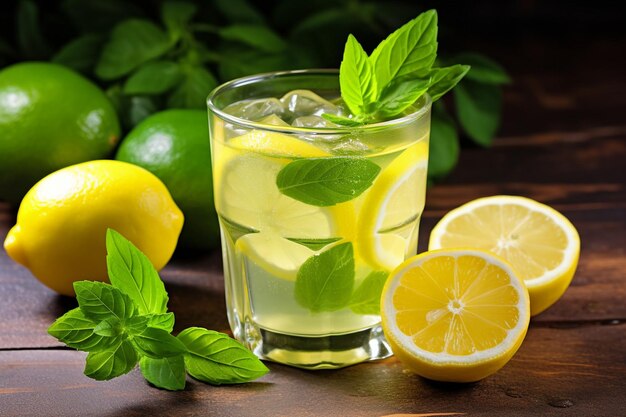 Lemonade with a slice of grapefruit and a sprig of thyme