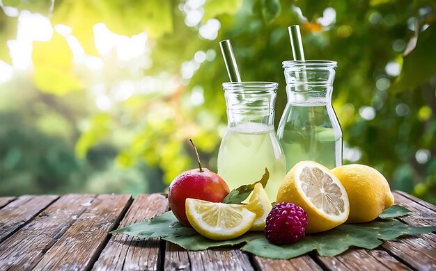 Lemonades op de zomer lente terras tafel met biologische vruchten op blad bokeh daglicht