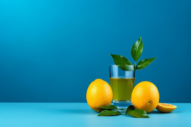 Photo lemonnd mandarin with a cup of drink on blue