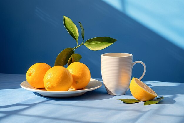 Lemonnd oranges with a cup of drink on blue