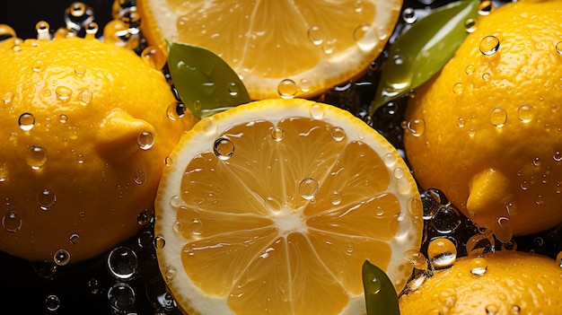Lemons are in a bowl of water with leaves and water droplets generative ai