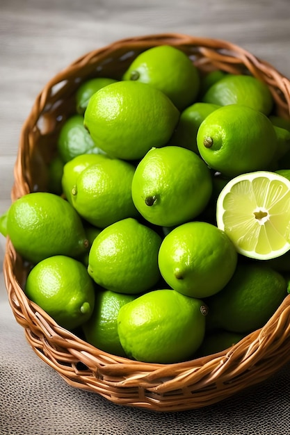 Лимоны в корзине с зелеными листьями красивая композиция