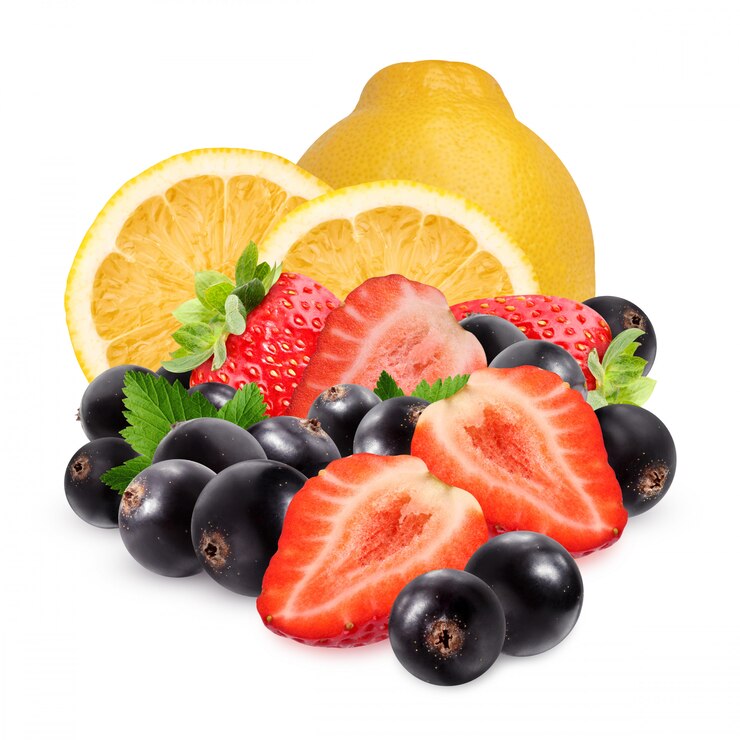 Photo lemons, black currant and strawberries