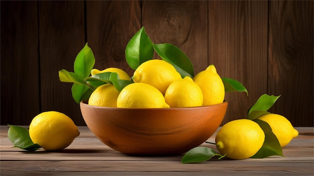 Lemons in a bowl on a wooden table