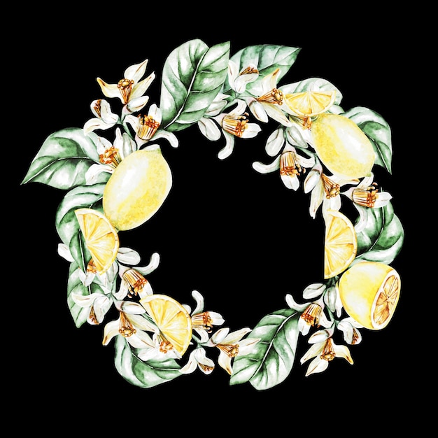 Lemons, flowers and leaves, watercolor wreath .fruits.  illustration