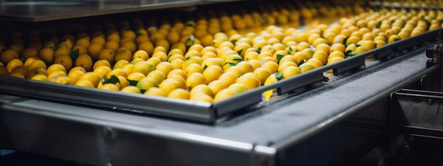 Lemons in a food factory clean and fresh ready for automatic packaging Generative AI