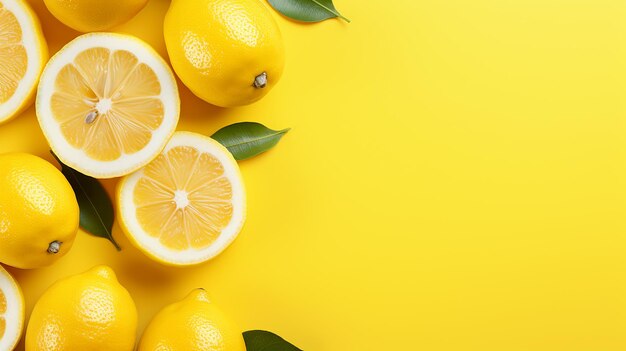 Lemons fruits juicy slice of lemon on yellow background panoramic image