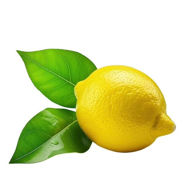 Lemons and green leaves isolated on white transparent background Yellow ripe citrus fruits closeup