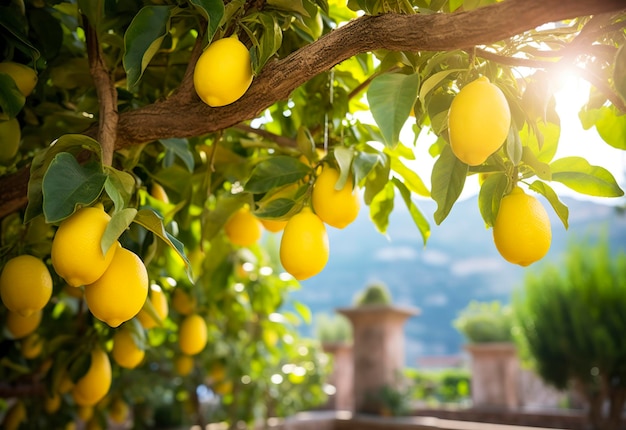 Lemons growing in a sunny garden on Amalfi coast in Italy