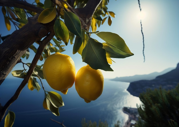 Lemons hanging from a tree with the sun shining on them.