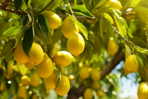 Lemons hanging on tree fresh in sunlight