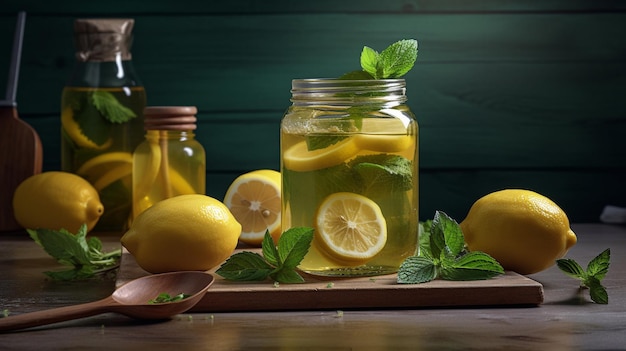 ミントの葉とレモンが入った瓶の中のレモン