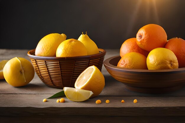 Lemons and lemons in a basket with a light on the background.