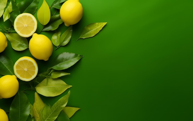 Lemons and lemons on green background with copy space