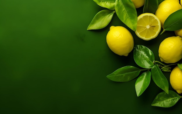 Lemons and lemons on green background with copy space