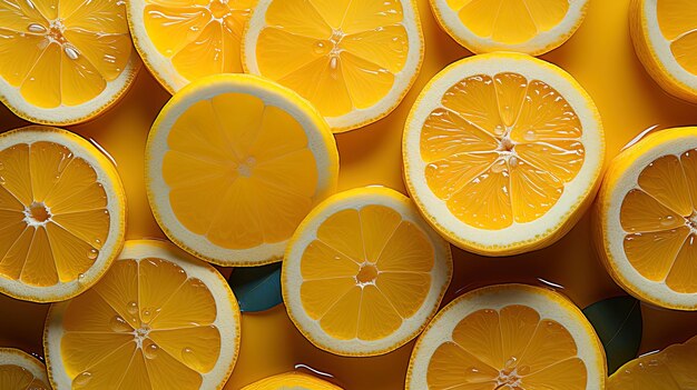 Lemons and limes slices of lemon and orange on a yellow background top view