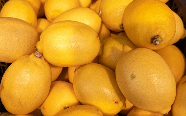 lemons on the market close-up
