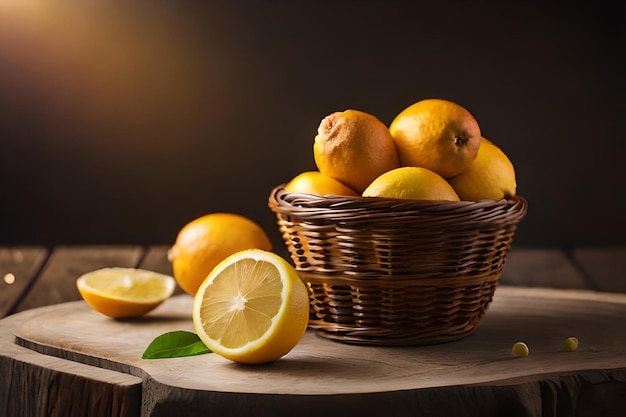 Lemons and oranges in a basket with a light on the background.