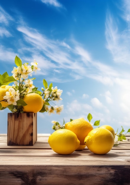 Лимоны на столе на фоне голубого неба