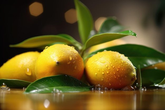 Lemons on a table with water droplets on them