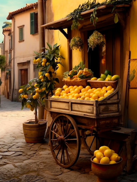 Lemons and tangerines in the street of the old city tuscany italy