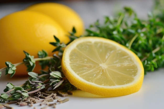 Photo lemons and thyme on a table close up