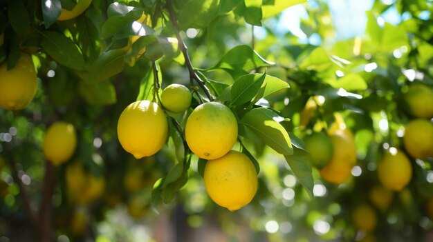 Лимоны на дереве в лучах солнца