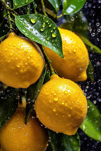 Lemons on a tree with water drops