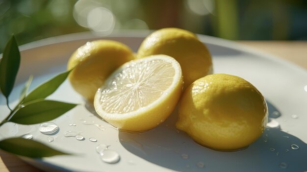 Photo lemons on a white plate with water drops selective focus