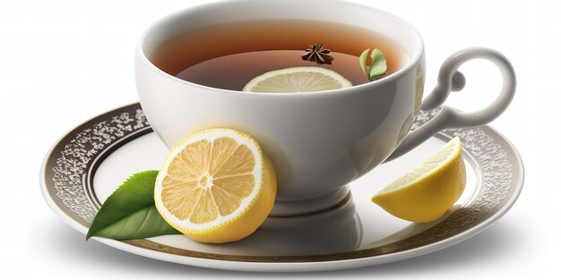 Lemons with a cup of tea on a white backdrop