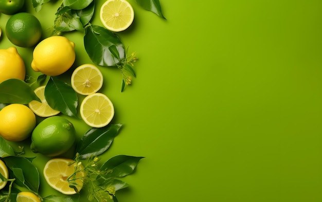 Lemons with green leaves on green background