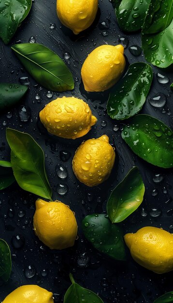 Lemons with green leaves and rain drops