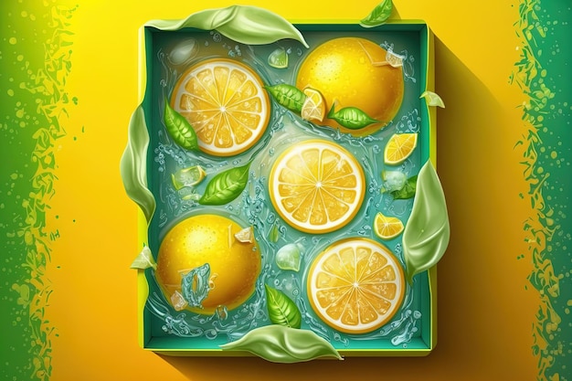 Lemons with ice cubes in an advertising for sparkling water