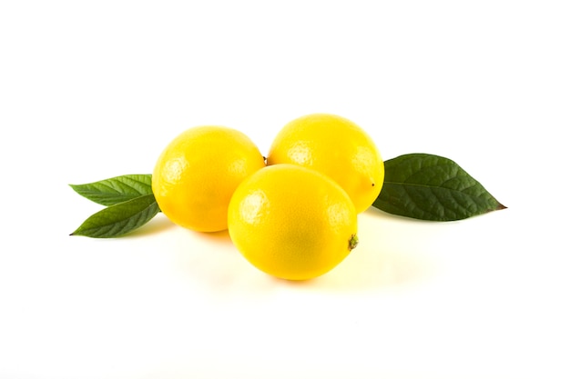 Lemons with leaves isolated close up