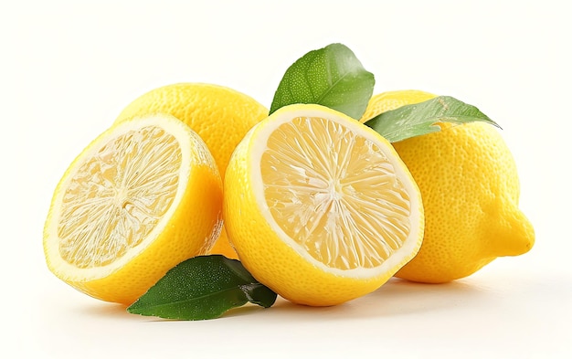 Lemons with leaves and water drops on a white background