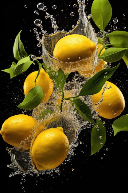 Lemons with leaves and water splashes in the air on black background