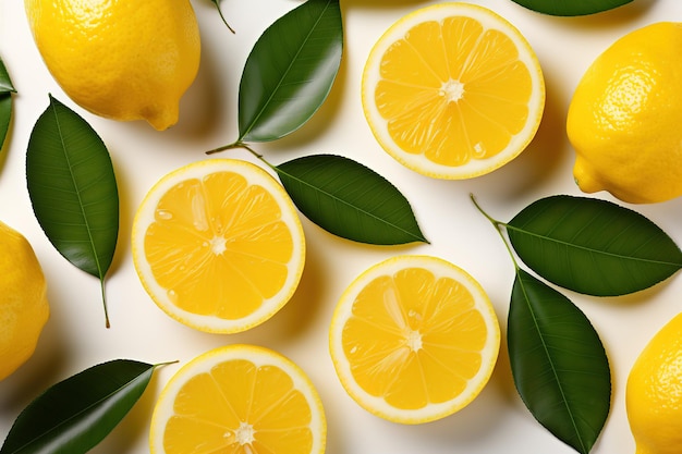 Lemons with leaves on white background top view Citrus pattern