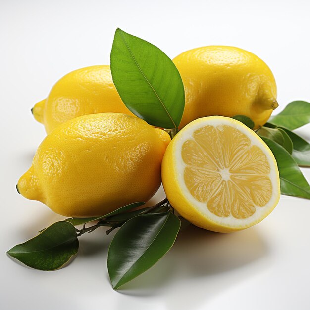 lemons with leaves on a white surface with a white background generative ai