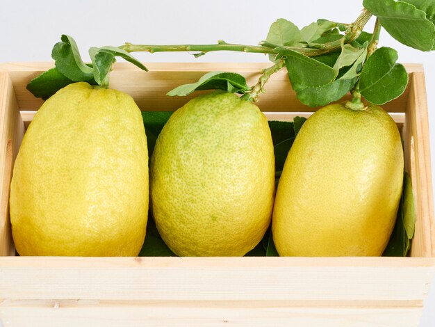 Lemons with leaves in wooden box