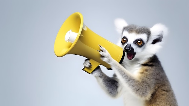 Lemur animal announcing using a hand speaker Notifying warning announcement