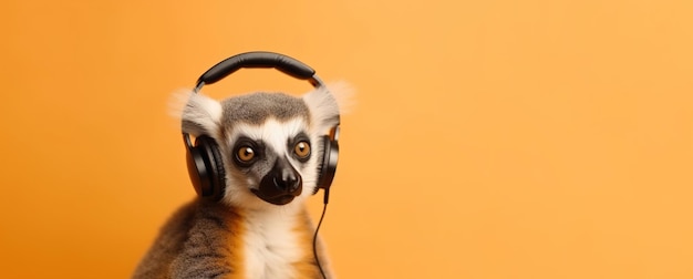 Lemur in headphones on an orange background Banner empty space for text