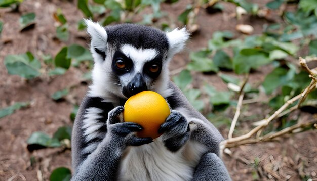 Photo a lemur holding an orange in its hands