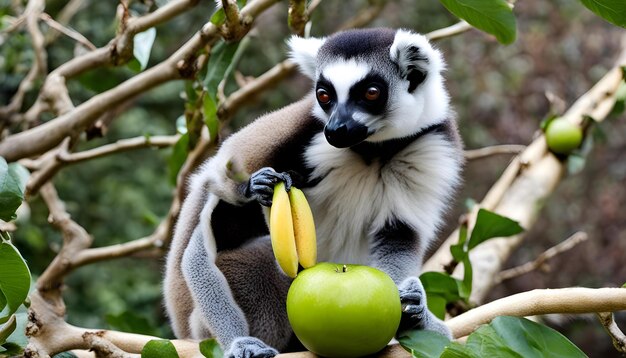 Photo a lemur is holding bananas and a banana on a tree