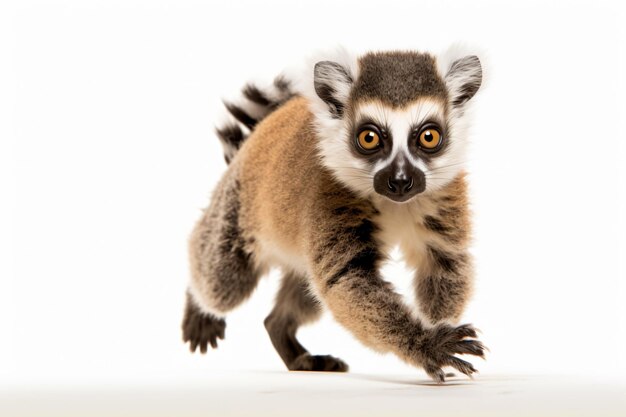 a lemur is running on a white surface