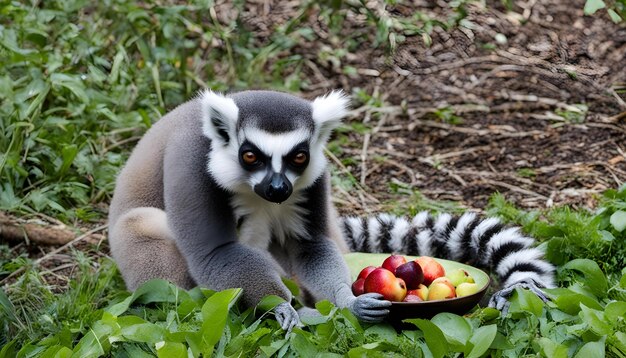 Photo a lemur is sitting in the grass with a bowl of apples